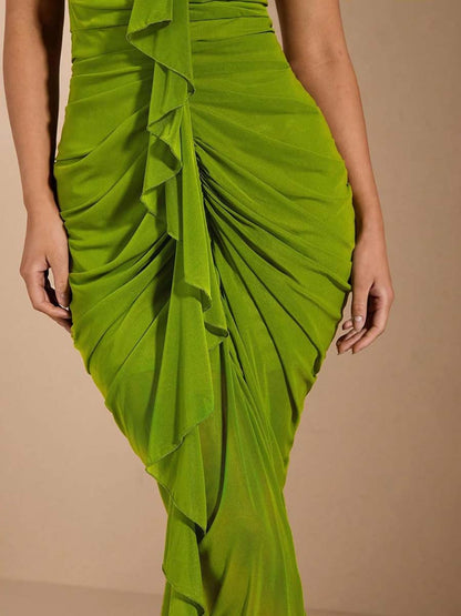 Ruffle Ruched Draped Split Maxi Dress