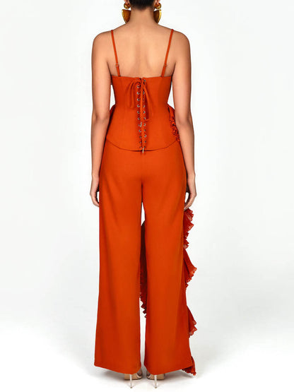 Spaghetti Straps Elaborate Pleated Ruffles Two Pieces Set