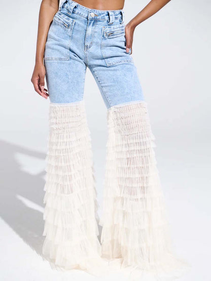 Ruffled Patchwork High Waist Jeans