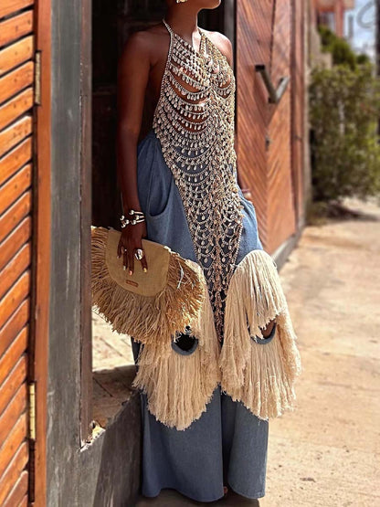 Halter Neck Sexy Hollowed Out Vest & Tassel Pants