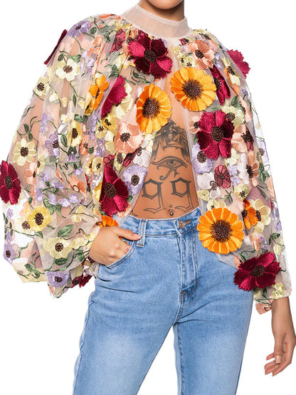 3D Flower Mock Neck Blouse