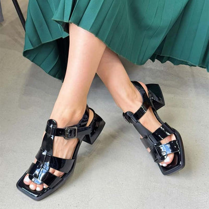Square-toe Thick-heeled Woven Sandals