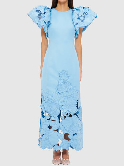 Appliques Puff Sleeve Maxi Dress