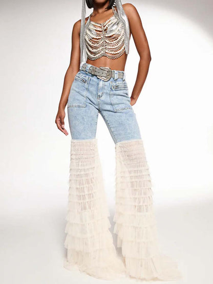 Ruffled Patchwork High Waist Jeans
