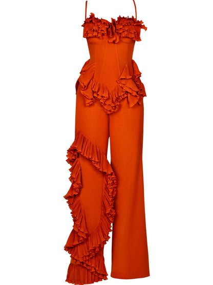 Spaghetti Straps Elaborate Pleated Ruffles Two Pieces Set