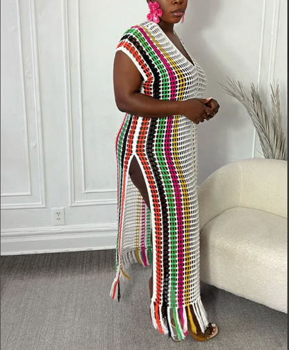 Grid Color Tassel Dress