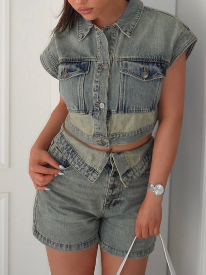 Fantastic Washed Denim Shorts 2pc Set