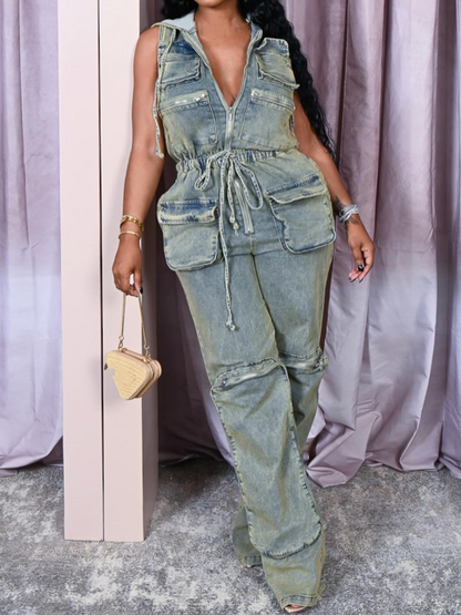Hooded Tooling Stretch Denim Jumpsuit