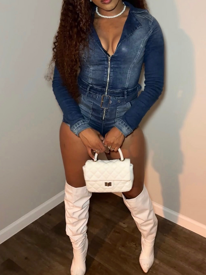 Patchwork Stretch Denim Jumpsuit With Belt