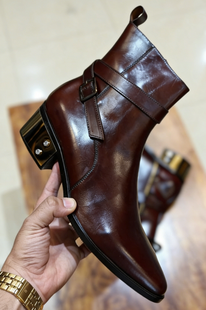 Men's Gold-heeled Belted Leather Boots