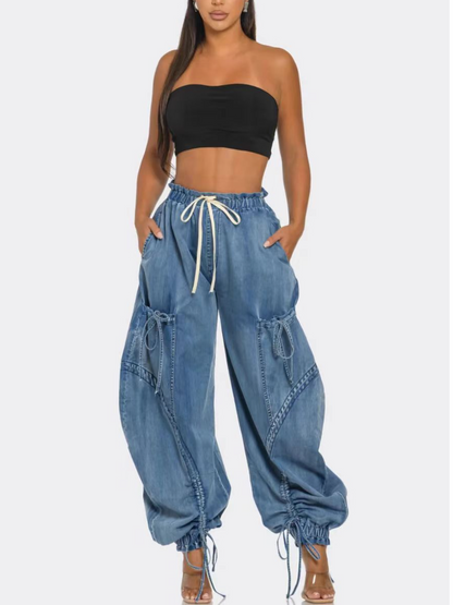 Elasticated Waist Drawstring Tie Drawstring Straight Leg Jeans