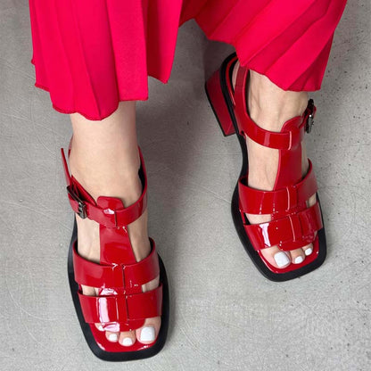 Square-toe Thick-heeled Woven Sandals