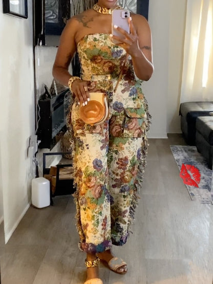 Sexy Lace Up Wrap Tassel Trousers Women's Jacquard Set