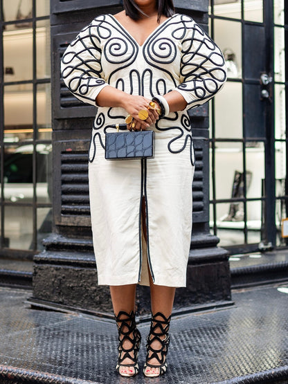 Printed V Neck Scimitar Sleeve Midi Dress