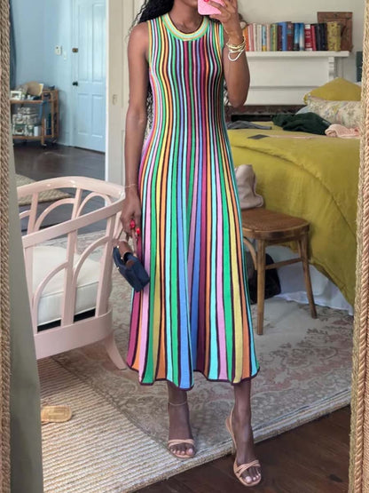Rainbow Stripe Knitted Sleeveless Dress