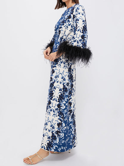 Feather Cuffs Printed Maxi Dress