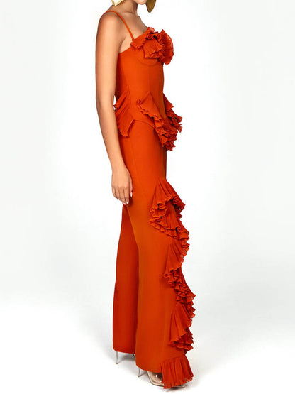 Spaghetti Straps Elaborate Pleated Ruffles Two Pieces Set