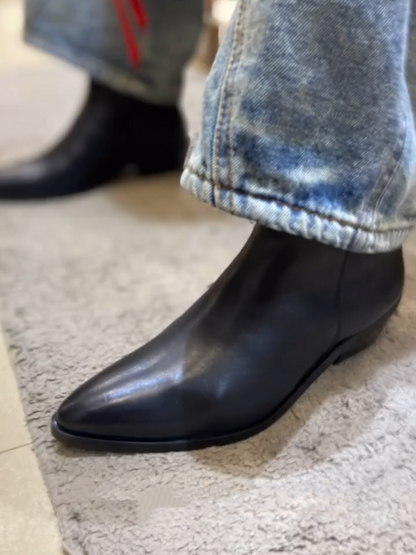 Men's All Black Cuban Pointed Leather Boots