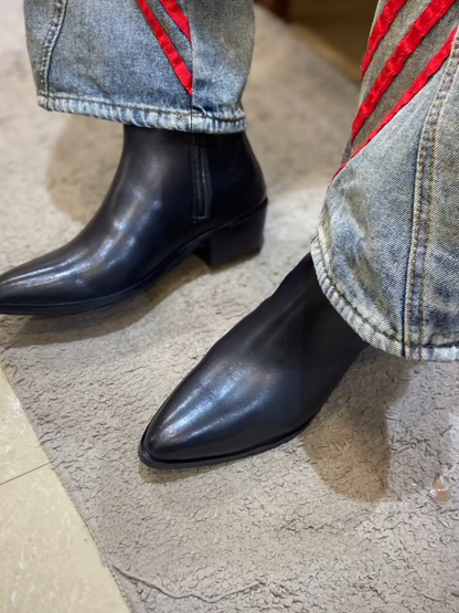 Men's All Black Cuban Pointed Leather Boots
