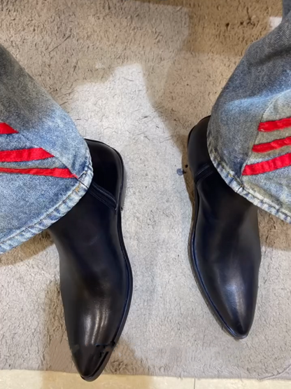 Men's All Black Cuban Pointed Leather Boots