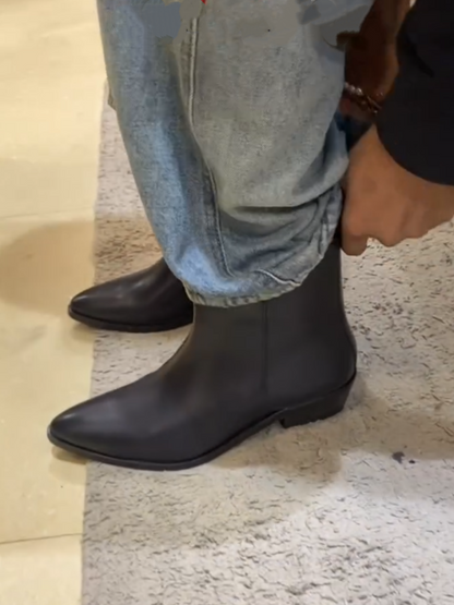 Men's All Black Cuban Pointed Leather Boots