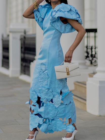 Appliques Puff Sleeve Maxi Dress