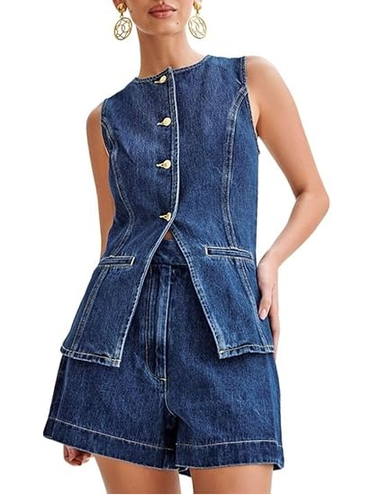 Sleeveless Jean Blazer Vest Top And Shorts 2 Piece Set