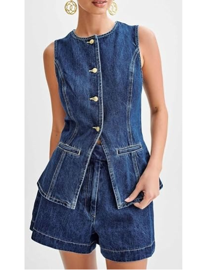 Sleeveless Jean Blazer Vest Top And Shorts 2 Piece Set