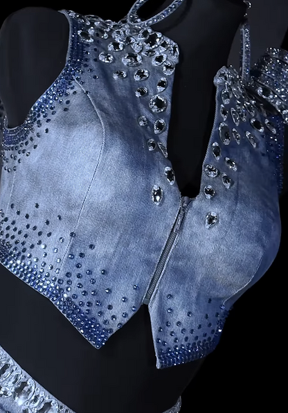 Dazzle Rhinestone Denim Skirt 2pc Set