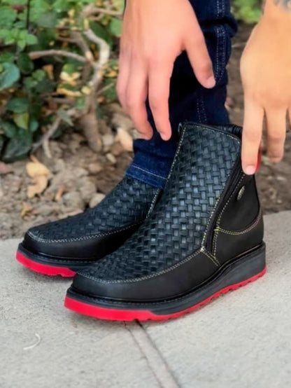 Men's Double Zipper Hand-woven Ankle Boots
