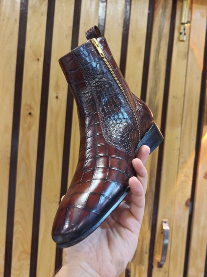 Men's Luxury Slim Croc Leather Boots