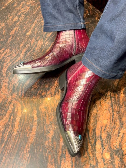 Croc-embossed Burgundy Boots With Turquoise-tipped Metal