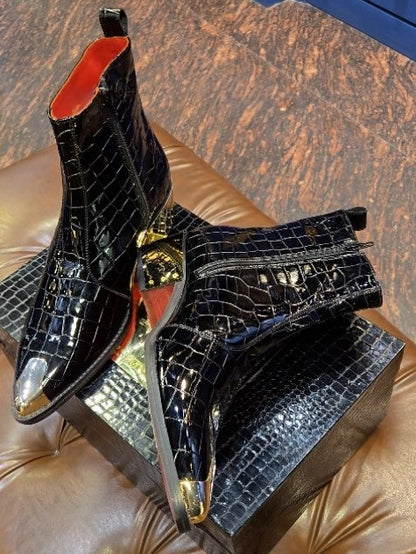 Men's Patent Leather Crocodile Textured Pointed Toe Boots