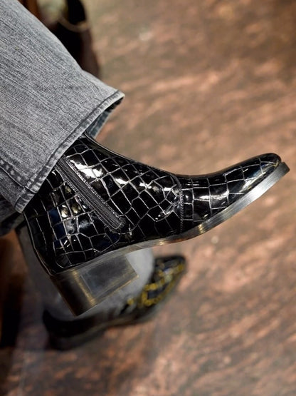 Men's All-black Patent Leather Crocodile Boots
