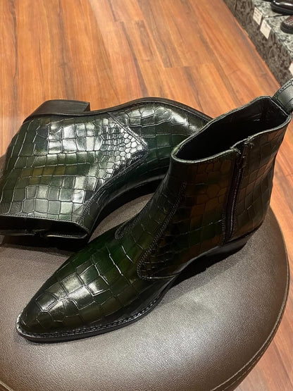 Men's Crocodile Texture Cuban Leather Boots