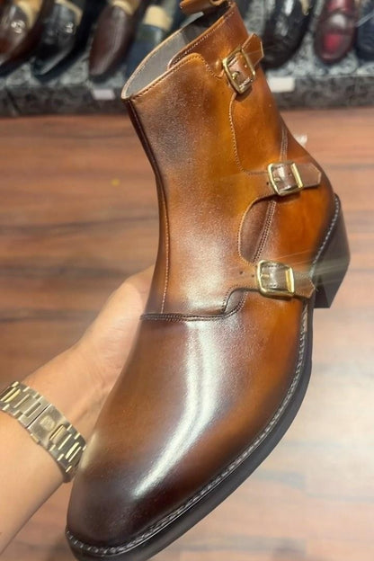 Men's Tan Monk Ankle Boots