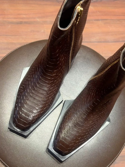 Men's Snake Texture Zipper Leather Boots
