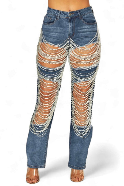 Ripped Pearl Chain Jeans