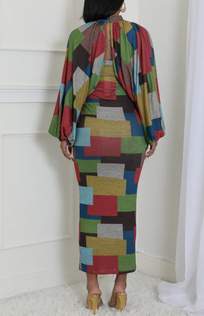 Colorblock Print Dress 2pc Set