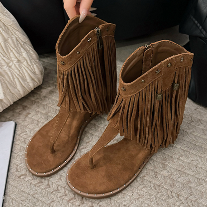 Wedge Clip-Toe Roman Fringe Boots