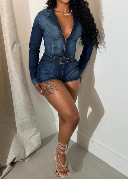 Patchwork Stretch Denim Jumpsuit With Belt