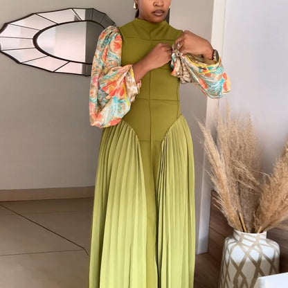 Printed Bubble Sleeve Slim Fit Dress