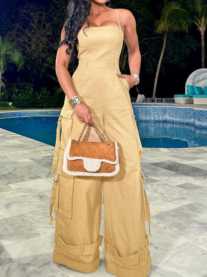 Sexy Strapless Multi-Pocket Cargo Jumpsuit