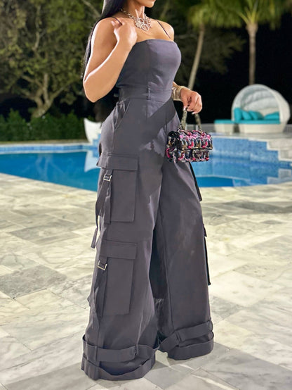 Sexy Strapless Multi-Pocket Cargo Jumpsuit