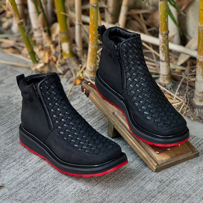 Men's Double Zipper Hand-woven Ankle Boots