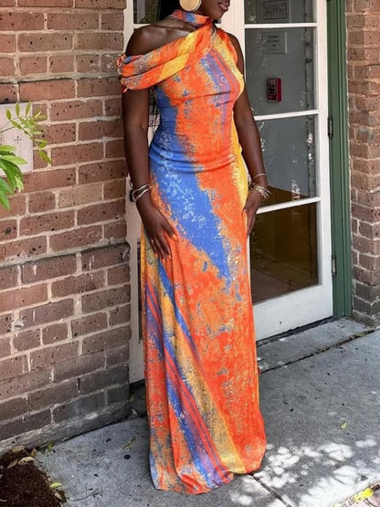 Asymmetric One Shoulder Multicolored Maxi Dress