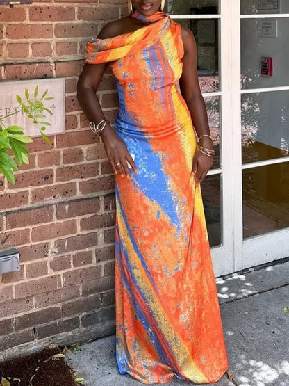 Asymmetric One Shoulder Multicolored Maxi Dress