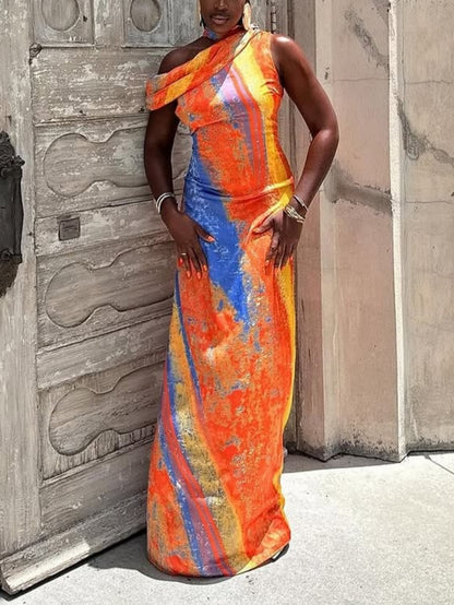 Asymmetric One Shoulder Multicolored Maxi Dress