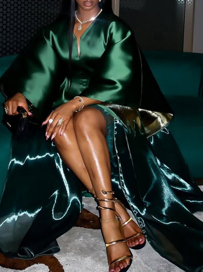 V-Neck Elegant Wide Sleeve Maxi Dress