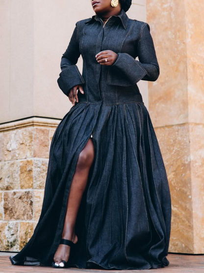 Pleated Flared Denim Dress